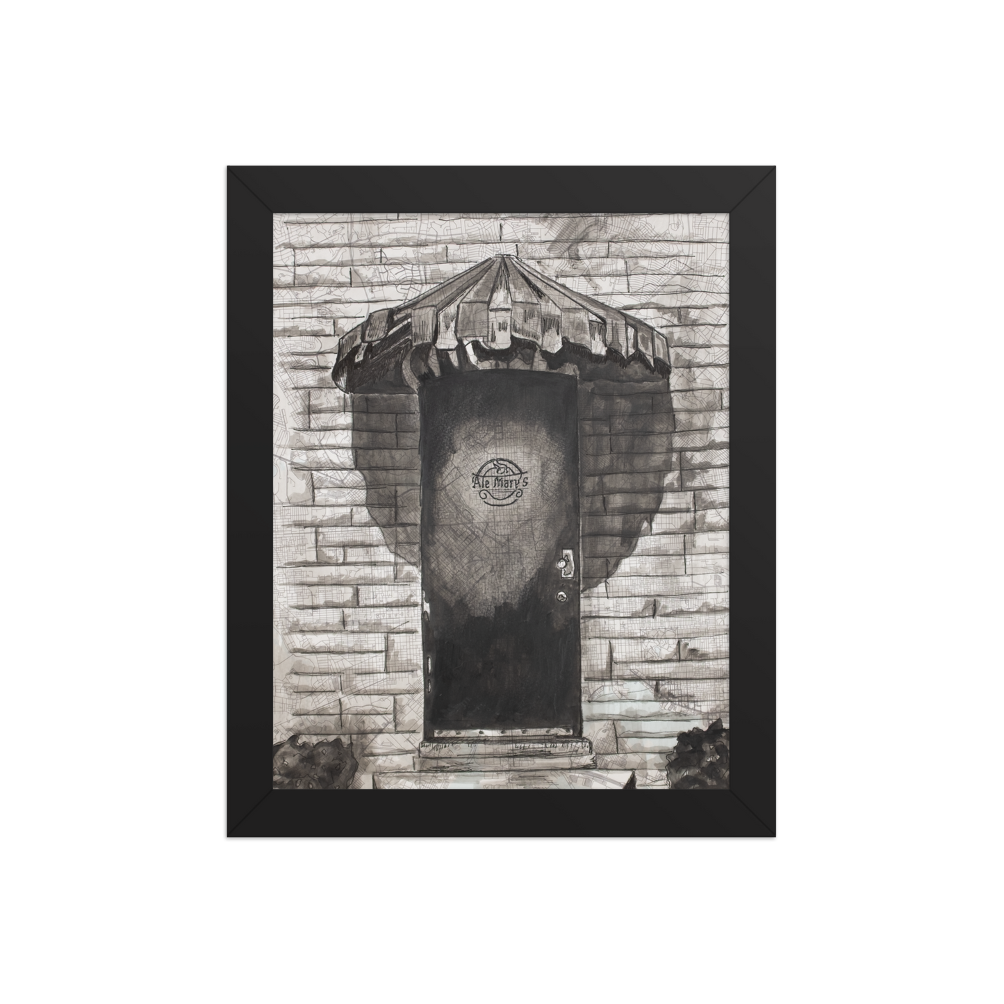 Picture of a 8x10 print of Ale Mary's Side door painted on a vintage map of Baltimore and framed in simple black frame