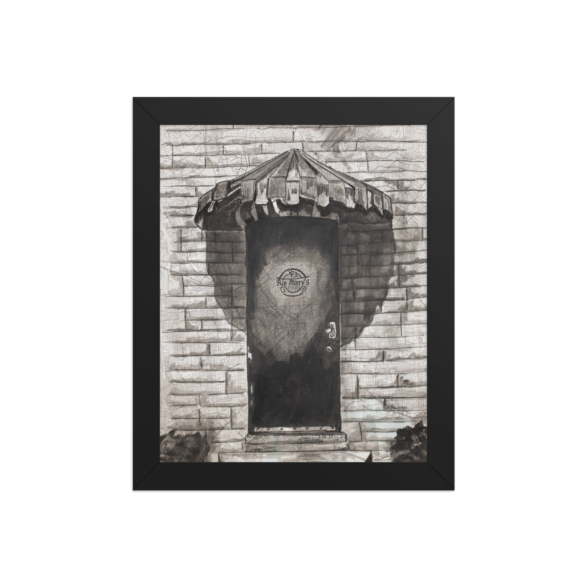 Picture of a 8x10 print of Ale Mary's Side door painted on a vintage map of Baltimore and framed in simple black frame