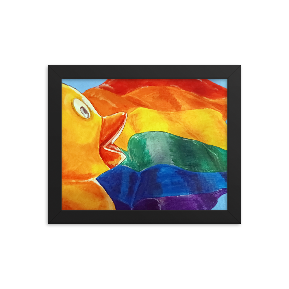 8x10 Framed print of painting of rubber duck profile in front of pride flag. Framed in black