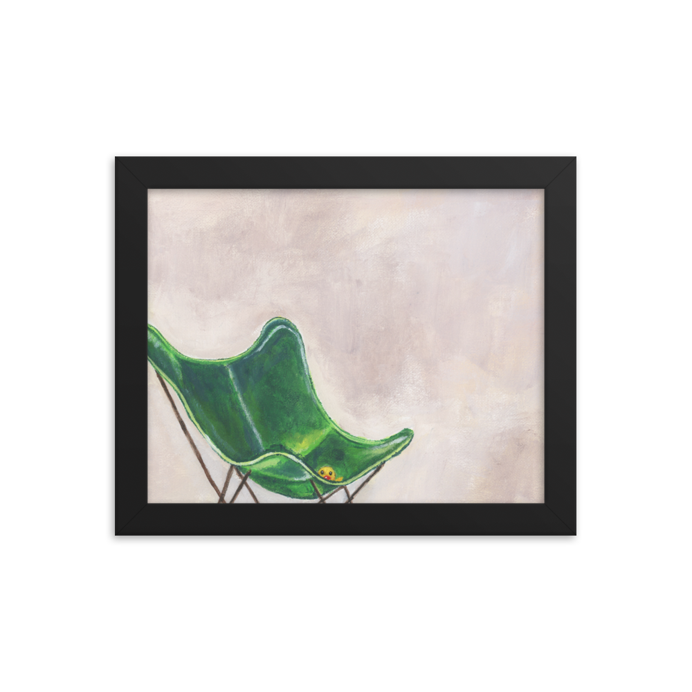 8x10 Framed print of a rubber duck sitting in a green butterfly chair. framed in black