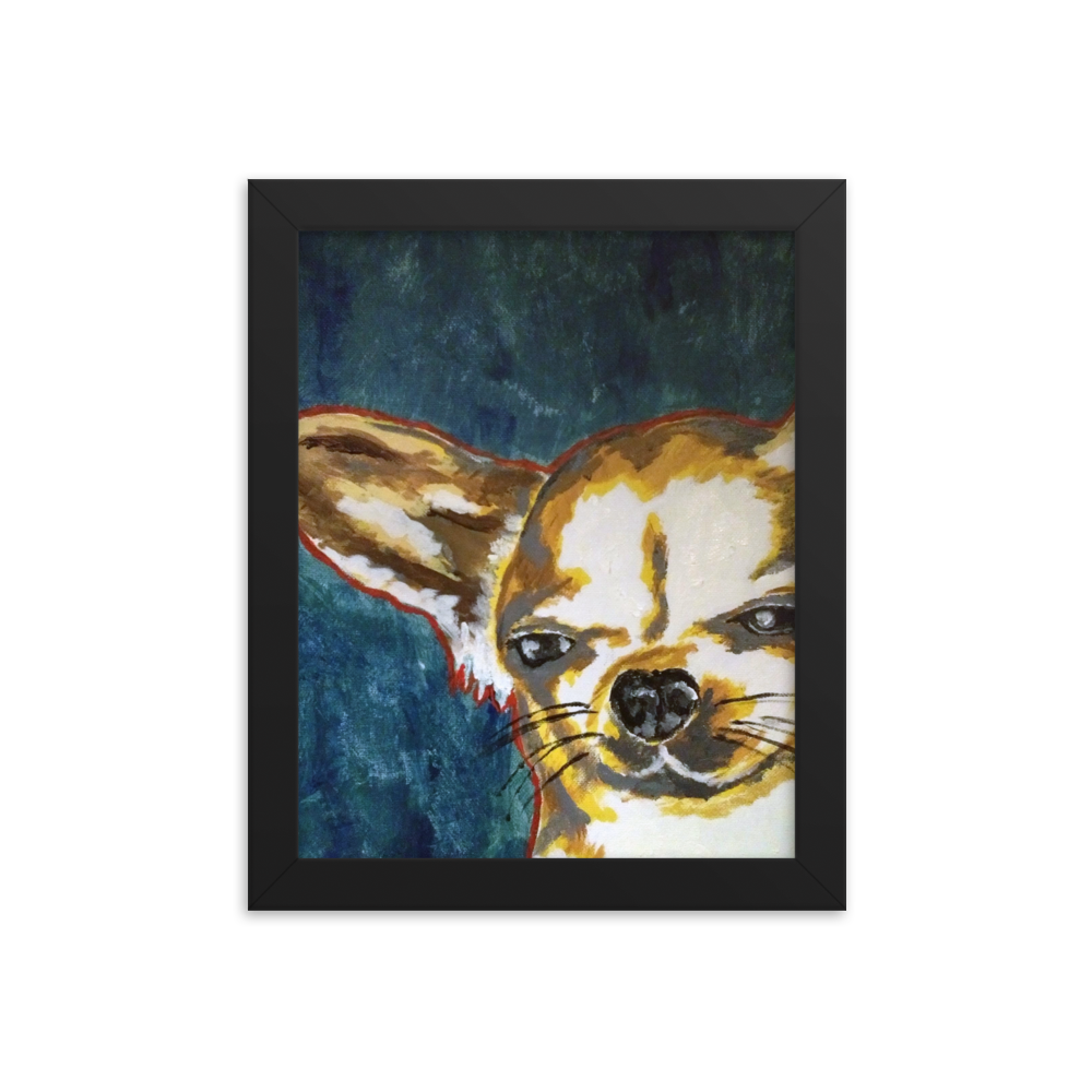 8x10 Framed print of a Chihuahua with blue green background. Framed in black