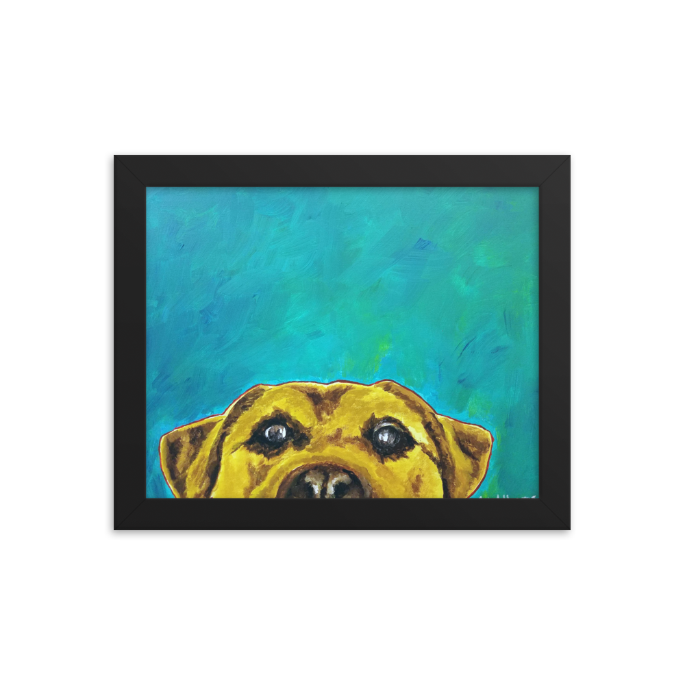 8x10 Framed print of a yellow lab with blue green background. Framed in black