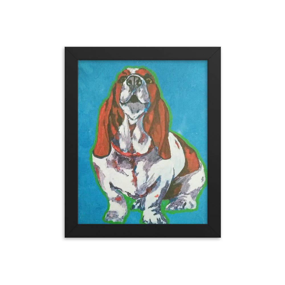 8x10 Framed print of a Basset Hound in front of a blue background. Framed in black