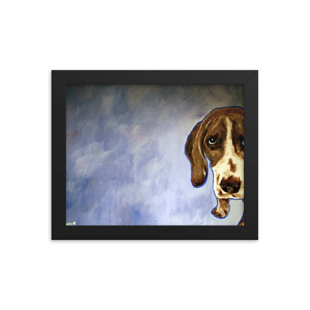 8x10 Framed print of a Hound dog in front of a blue background. Framed in black