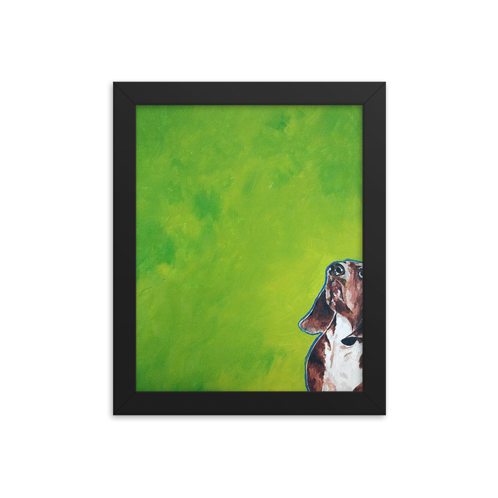 8x10 Framed print of a Basset hound painting with green background. Framed in black