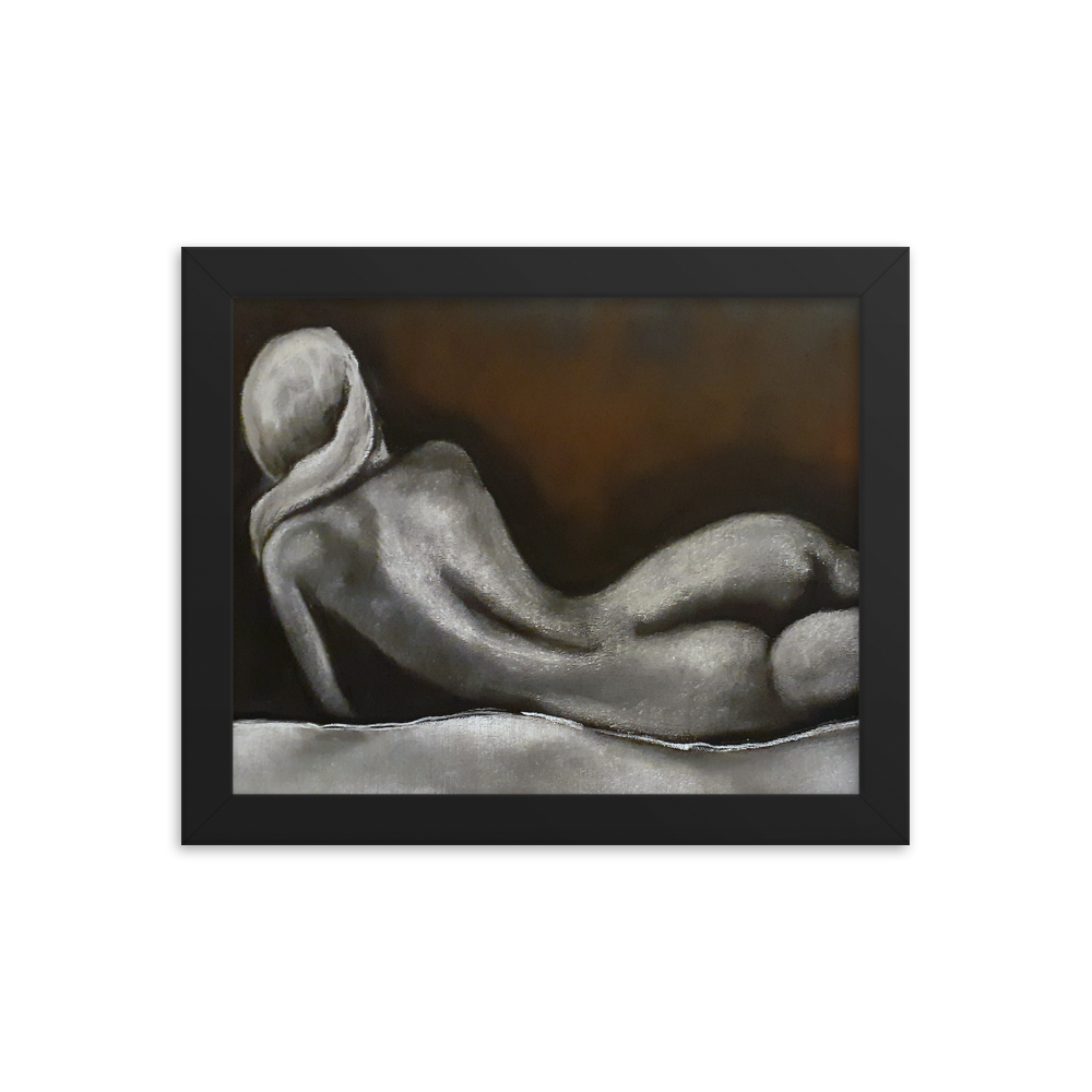 8x10 Framed print of a nude figurative painting of a woman on her side and facing away. Framed in black