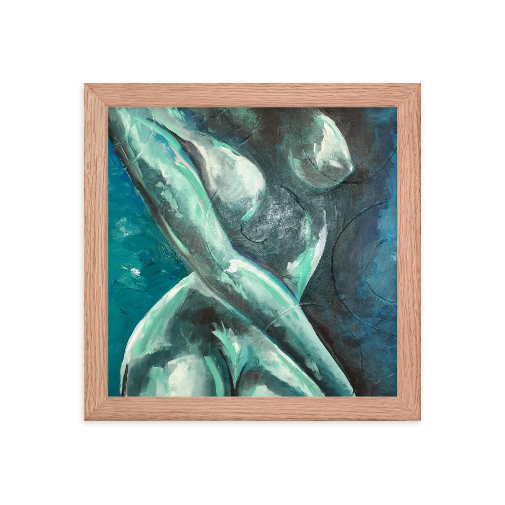 10x10 Framed print of a blue green nude figurative painting. Framed in red oak