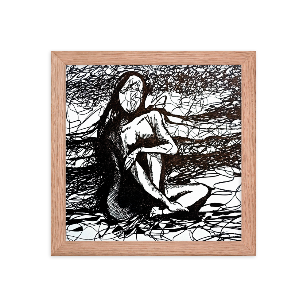 10x10 Framed print of a drawing of an expressive nude figurative woman with her arm over her knee. Framed in red oak