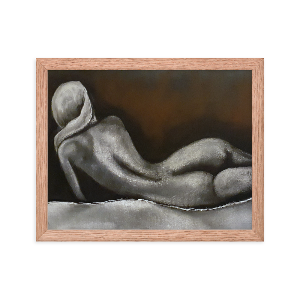 11x14 Framed print of a nude figurative painting of a woman on her side and facing away. Framed in red oak