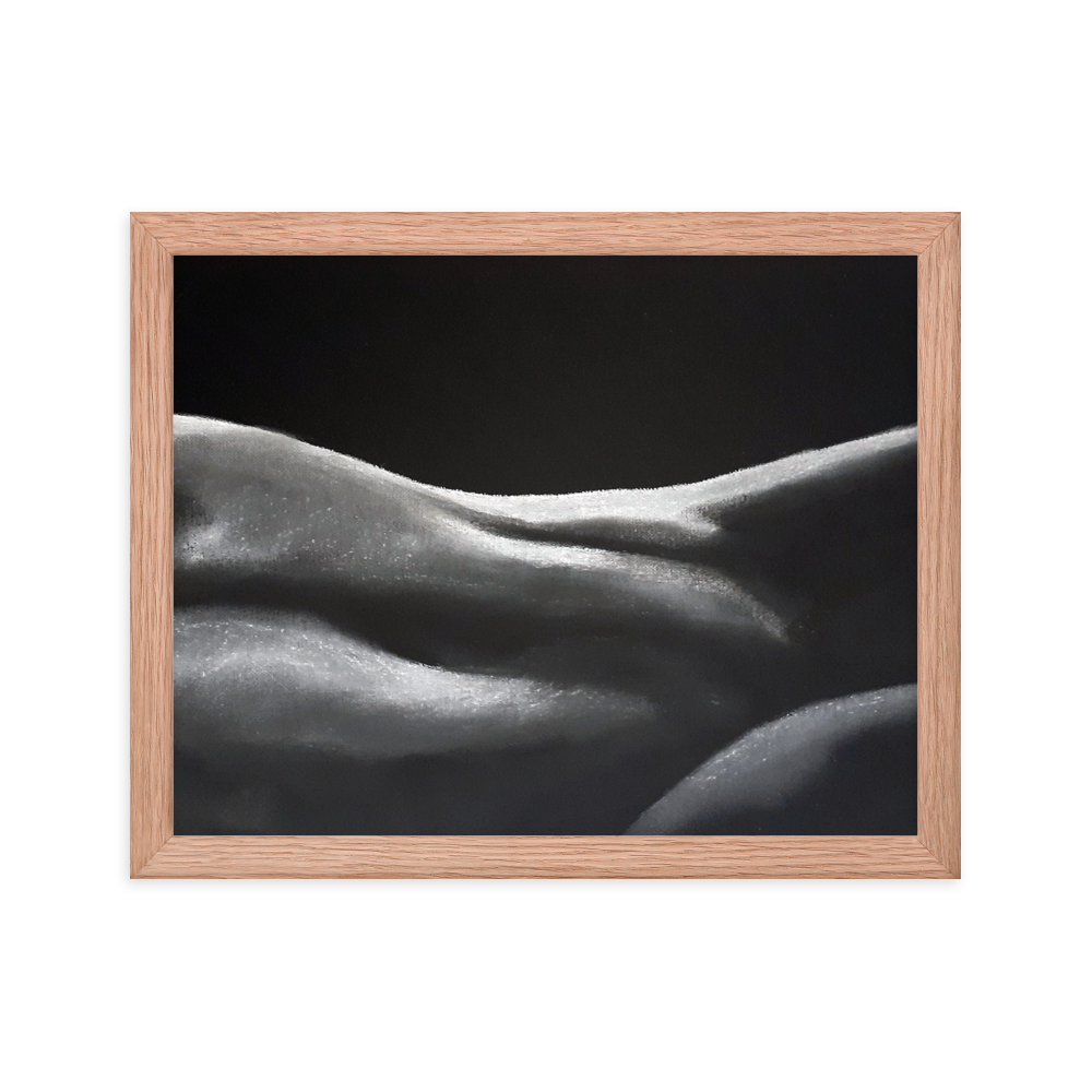 11x14 Framed print of a nude figurative painting of a woman's midsection. Framed in red oak