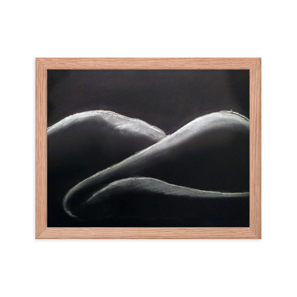 11x14 Framed print of a woman's figure in shadow, lying down.  Framed in red oak