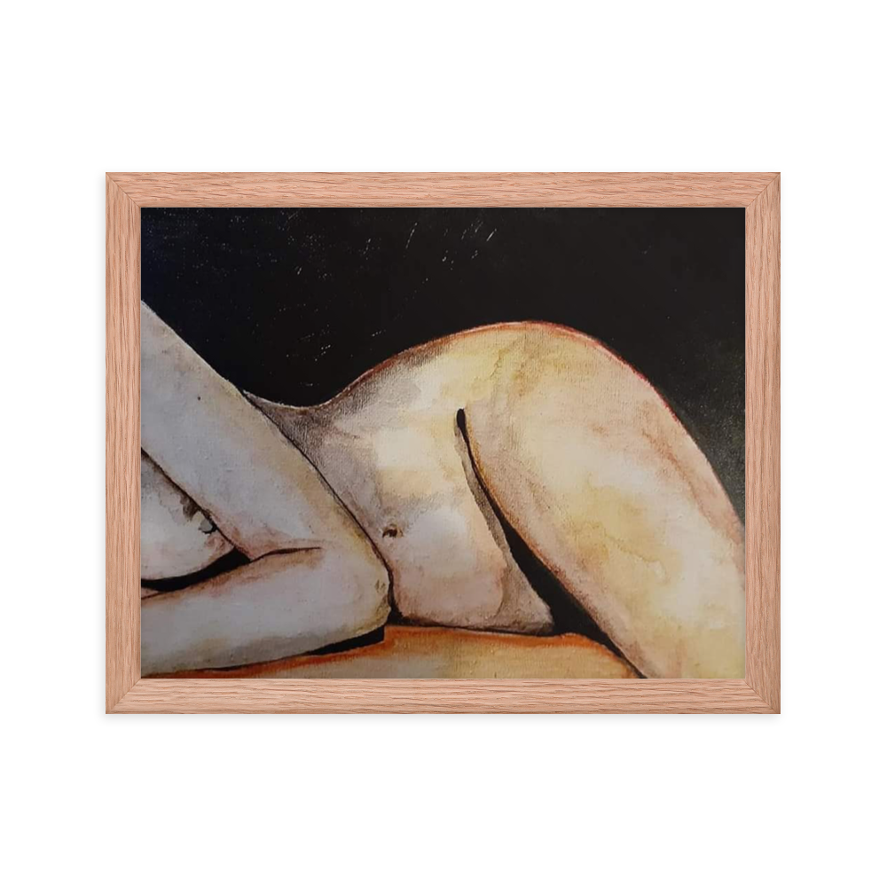 11x14 Framed print of a painting in color of a woman's nude figure lying on her side. Framed in red oak