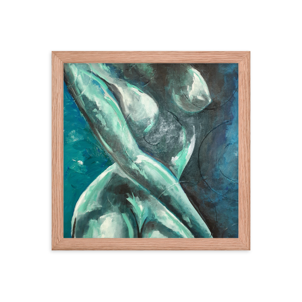 12x12 Framed print of a blue green nude figurative painting. Framed in red oak