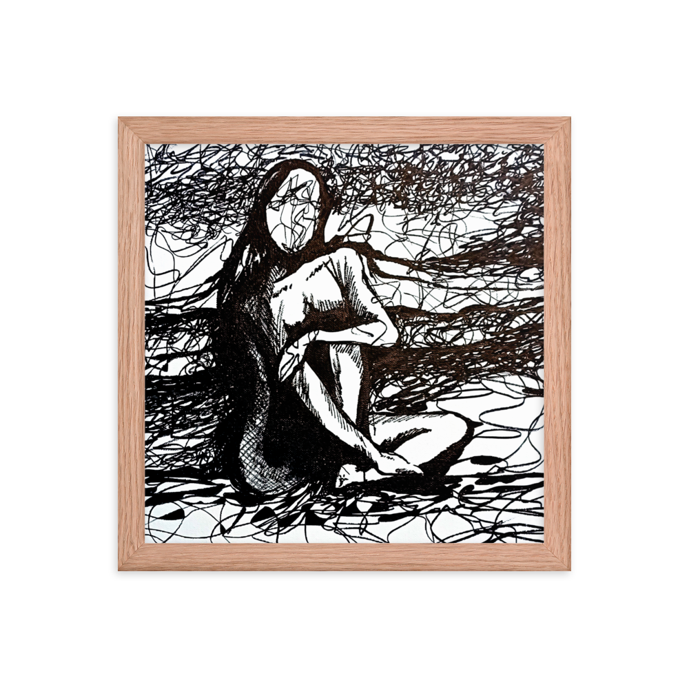 12x12 Framed print of a drawing of an expressive nude figurative woman with her arm over her knee. Framed in red oak