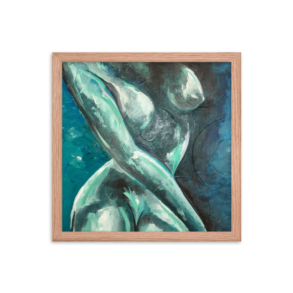 14x14 Framed print of a blue green nude figurative painting. Framed in red oak