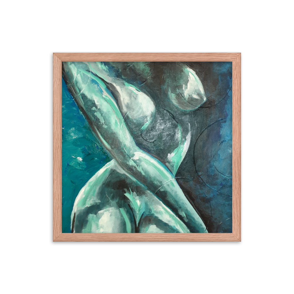 16x16 Framed print of a blue green nude figurative painting. Framed in red oak