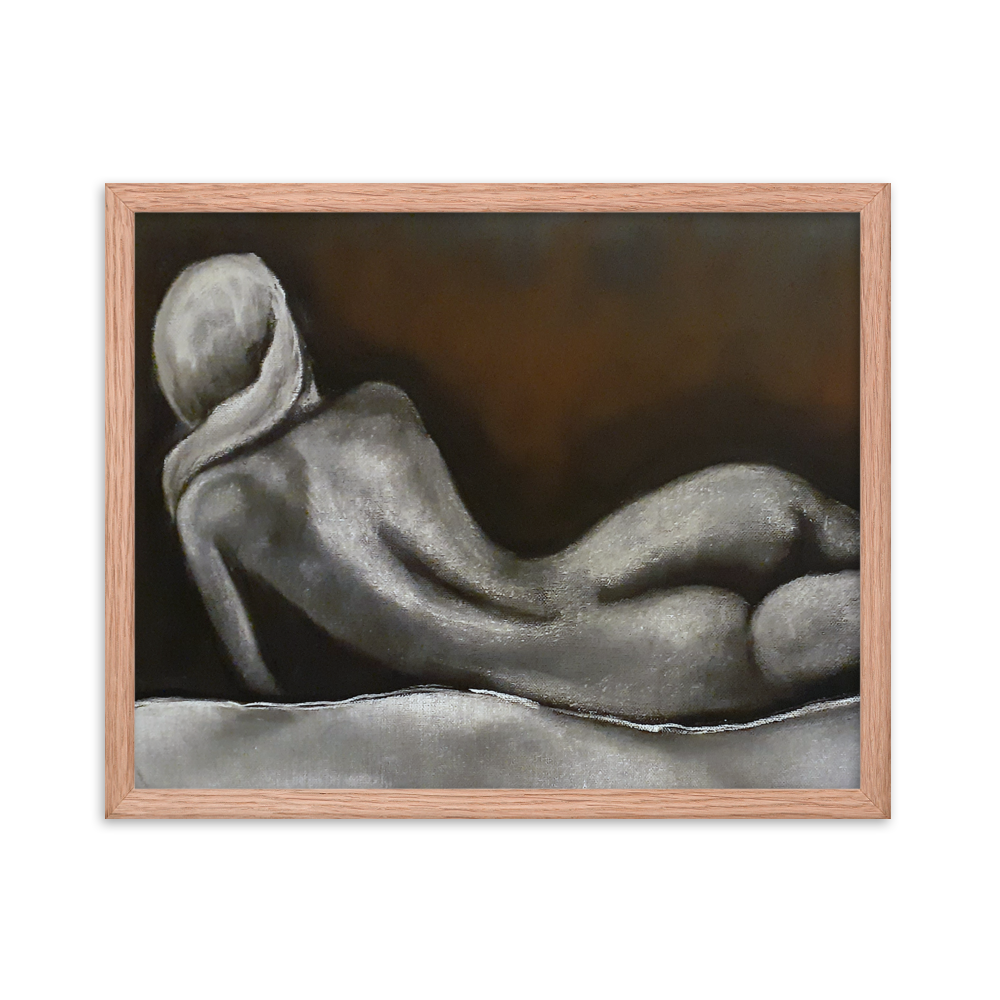 16x20 Framed print of a nude figurative painting of a woman on her side and facing away. Framed in red oak