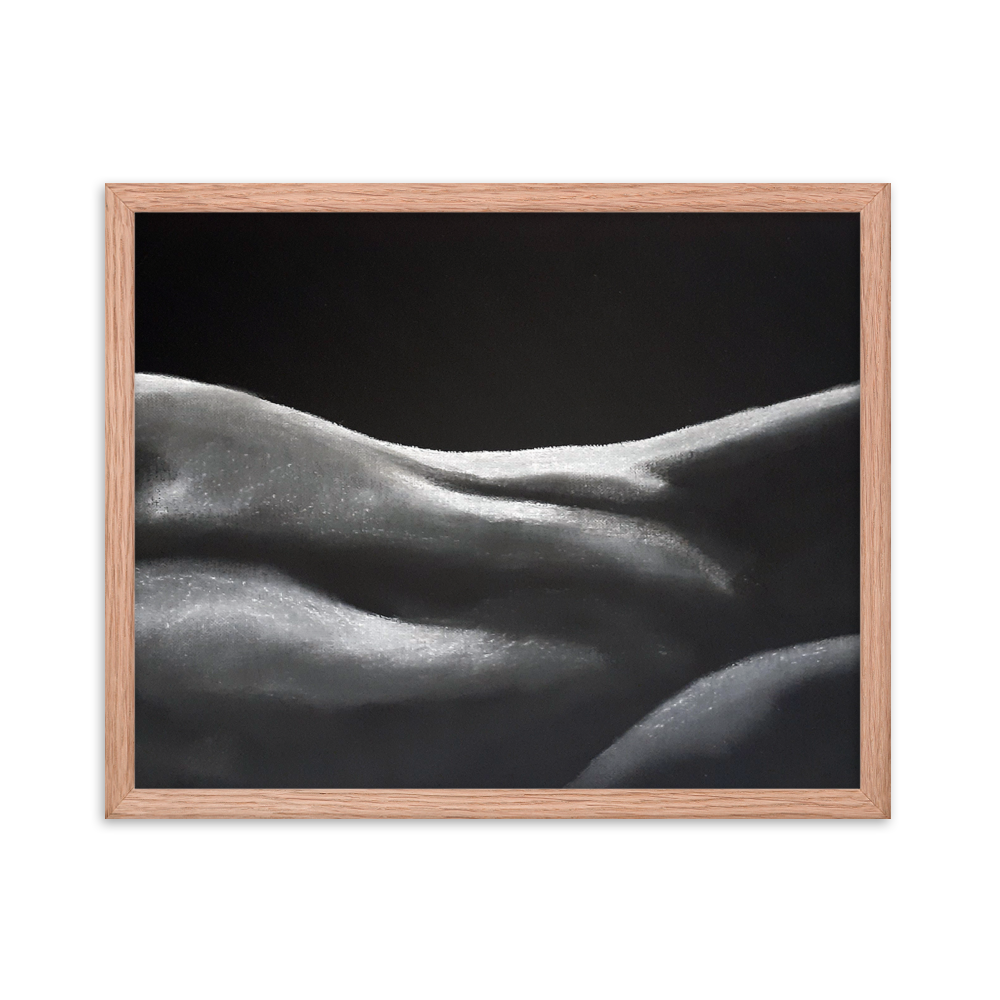 16x20 Framed print of a nude figurative painting of a woman's midsection. Framed in red oak