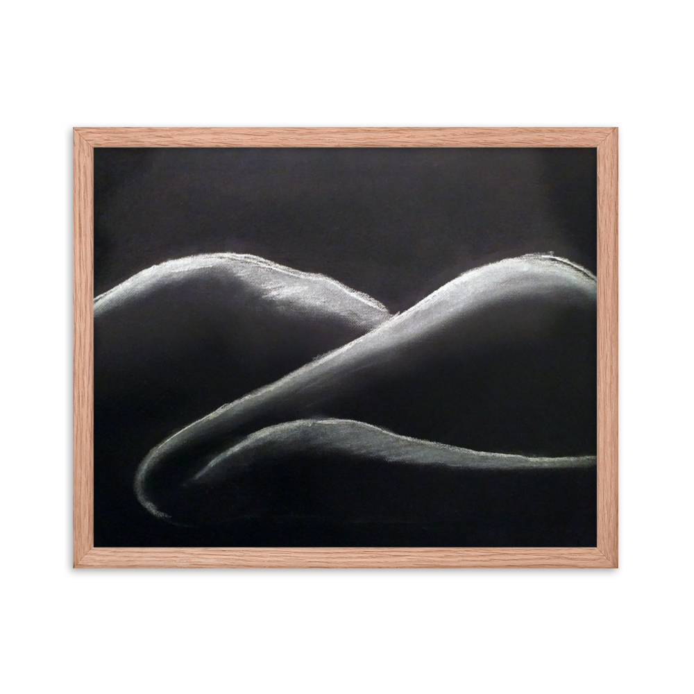 16x20 Framed print of a woman's figure in shadow, lying down.  Framed in red oak