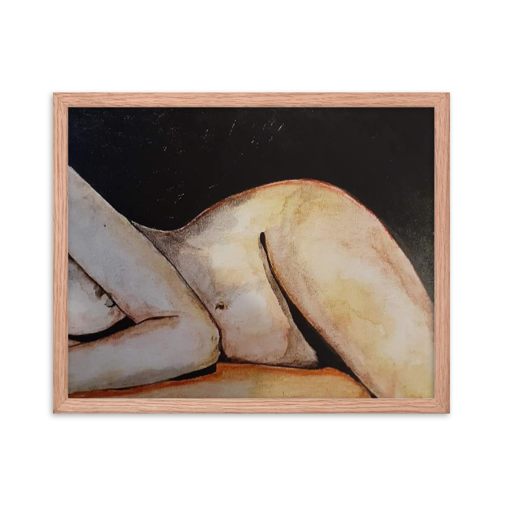 16x20 Framed print of a painting in color of a woman's nude figure lying on her side. Framed in red oak