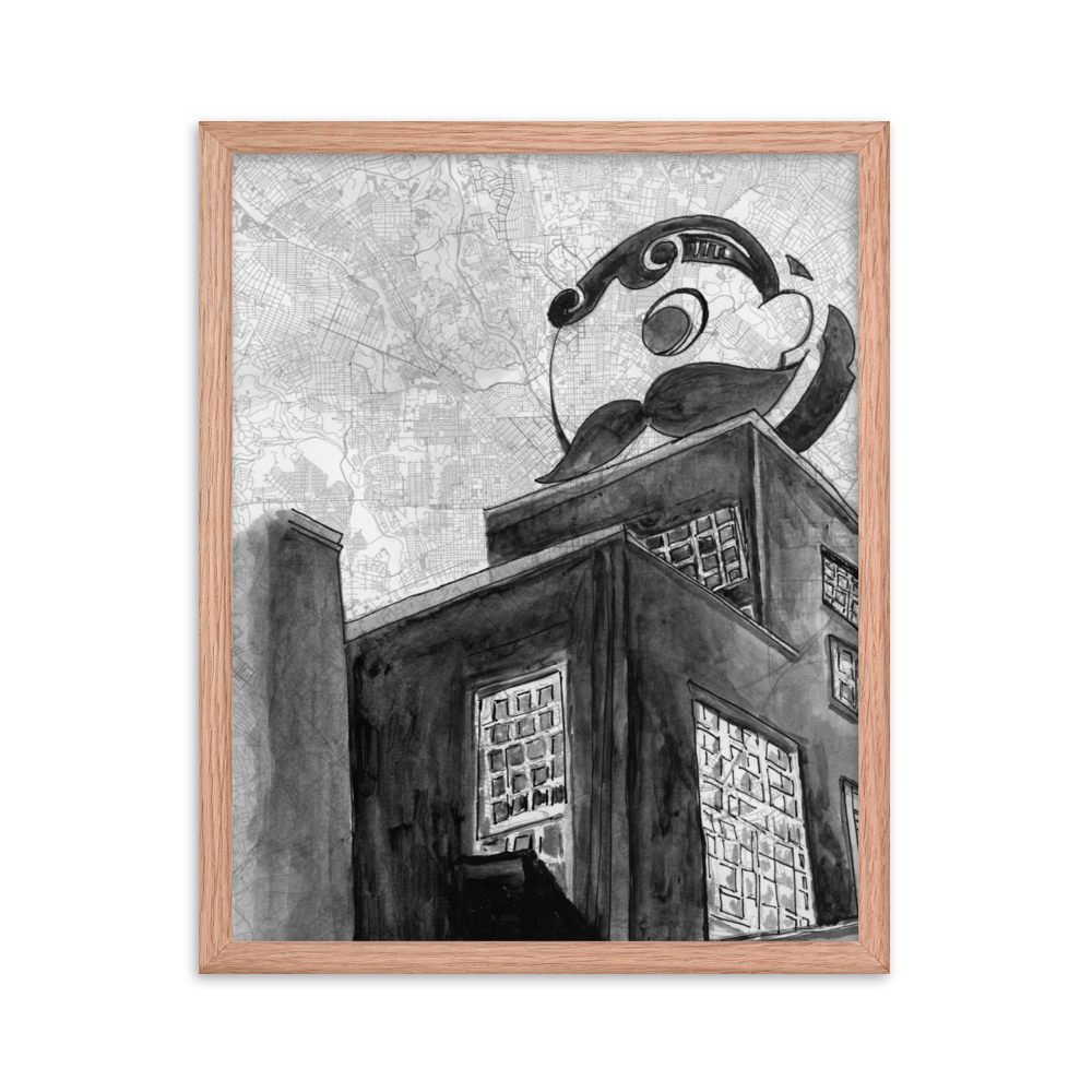 16x20 Framed print of a painting of the Natty Boh Tower. Framed in red oak