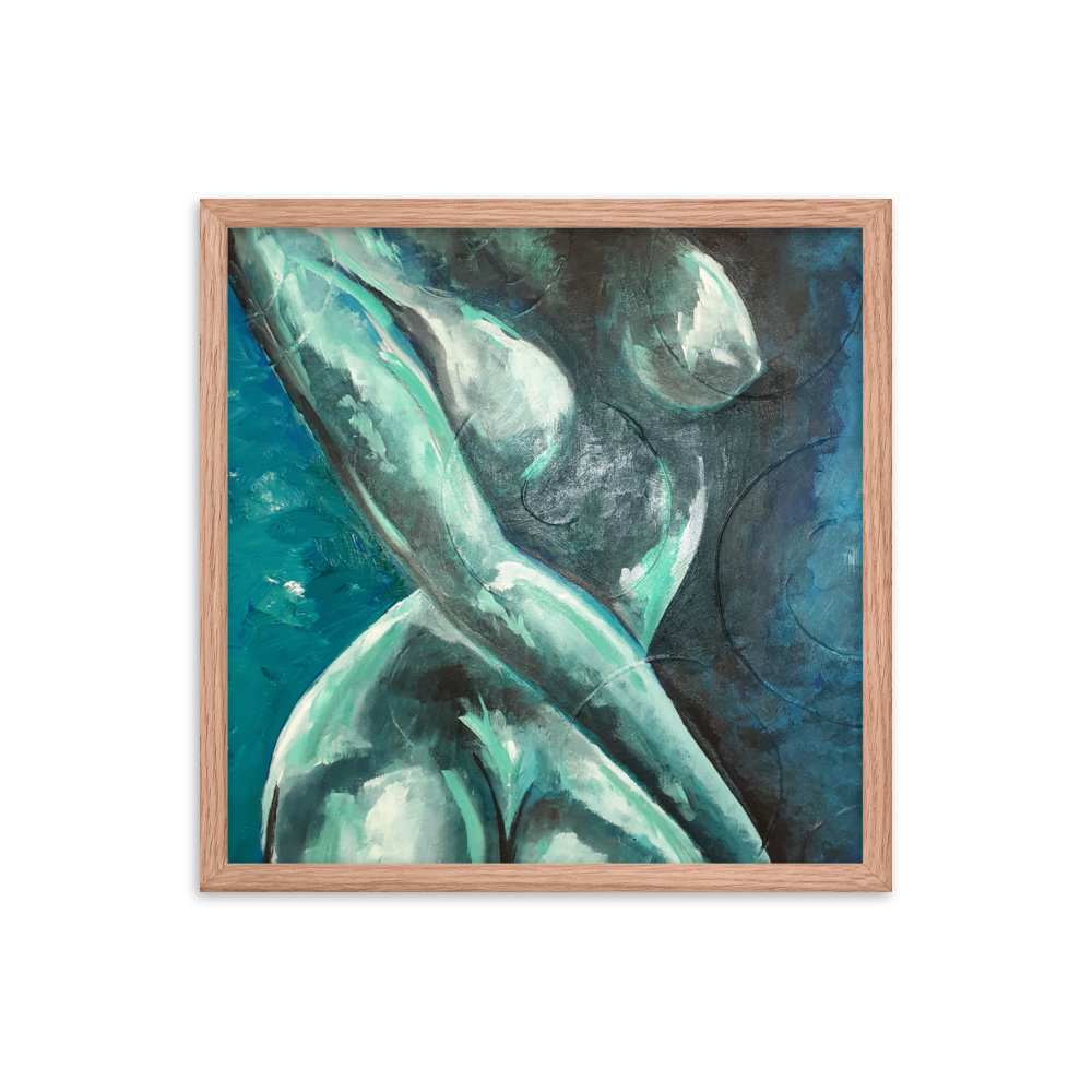 18x18 Framed print of a blue green nude figurative painting. Framed in red oak