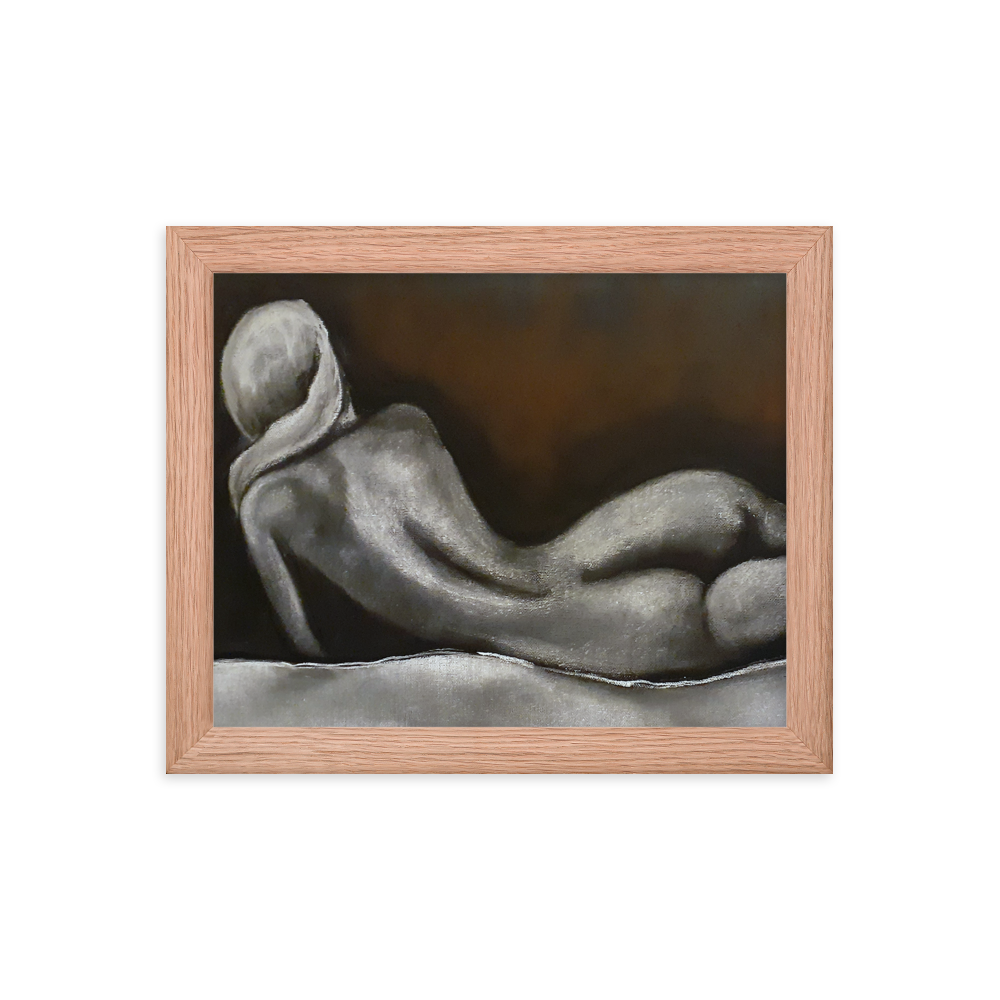 8x10 Framed print of a nude figurative painting of a woman on her side and facing away. Framed in red oak