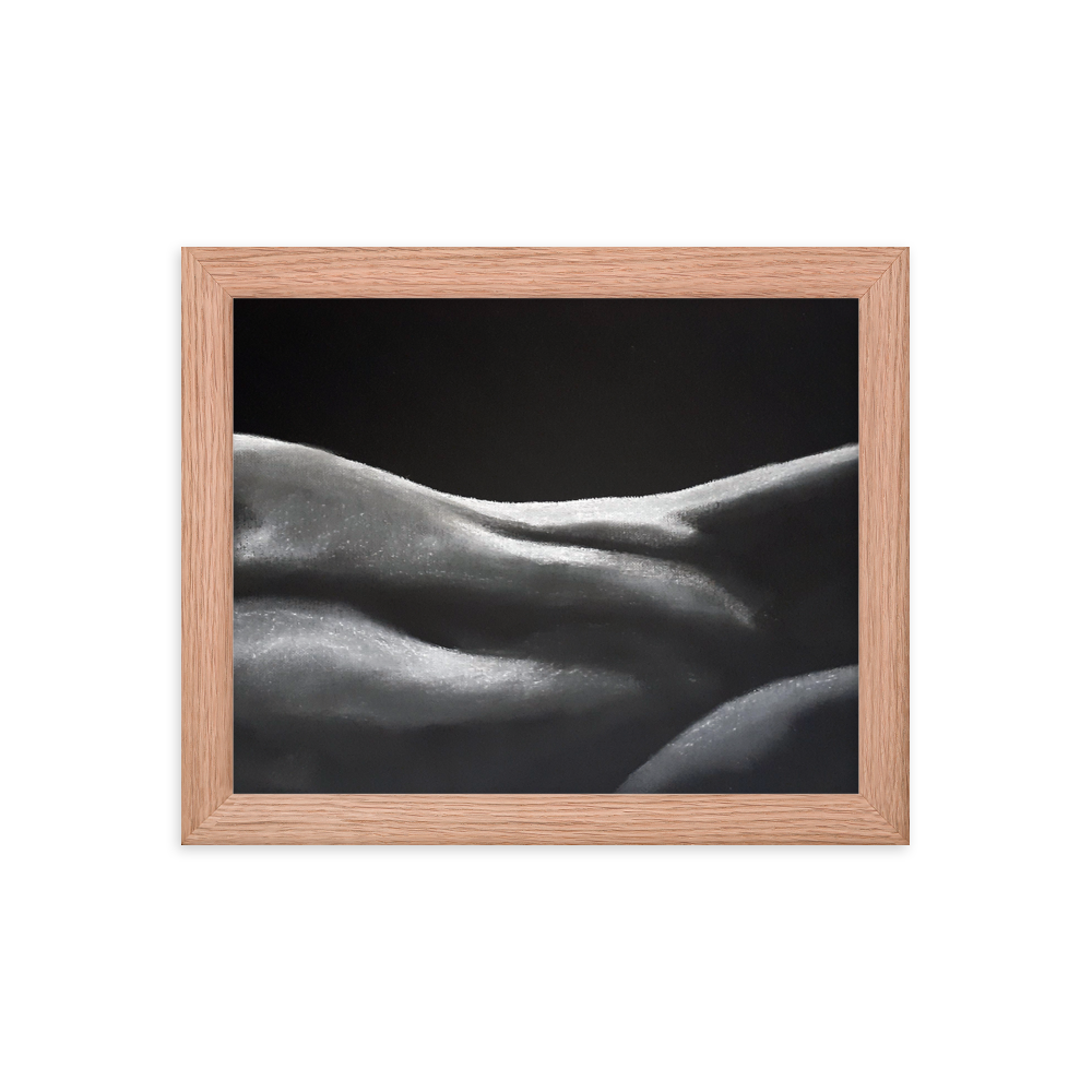 8x10 Framed print of a nude figurative painting of a woman's midsection. Framed in red oak