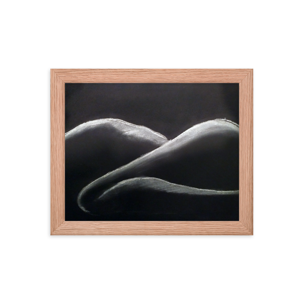 8x10 Framed print of a woman's figure in shadow, lying down.  Framed in red oak