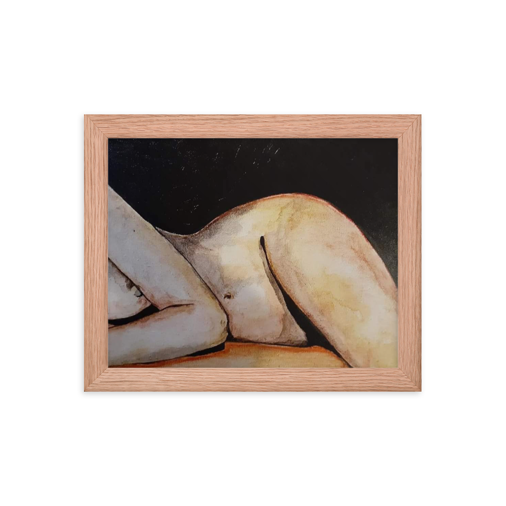 8x10 Framed print of a painting in color of a woman's nude figure lying on her side. Framed in red oak