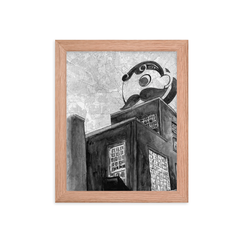 8x10 Framed print of a painting of the Natty Boh Tower. Framed in red oak