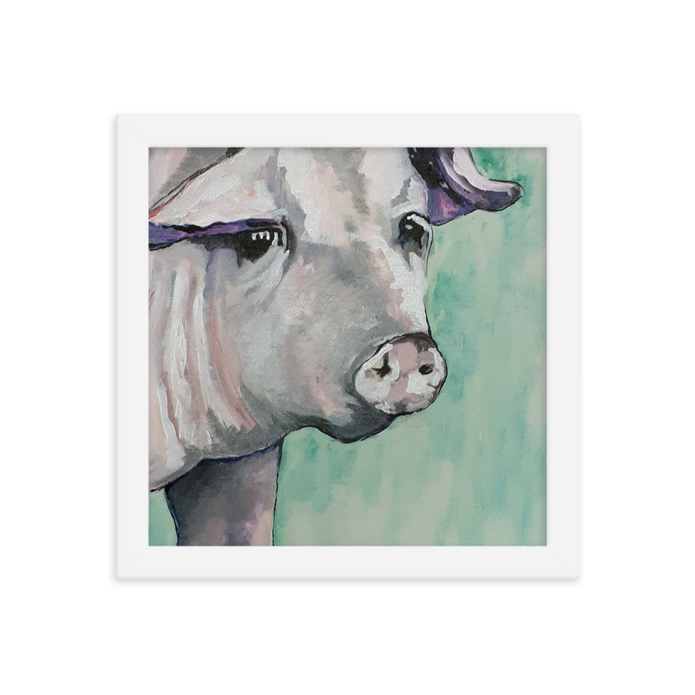 10x10 Framed print of a painting of a pig's face with a green background. Framed in white