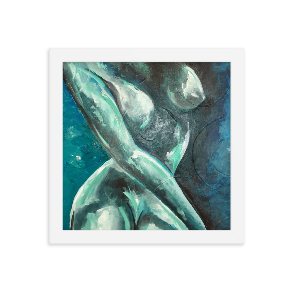 10x10 Framed print of a blue green nude figurative painting. Framed in white