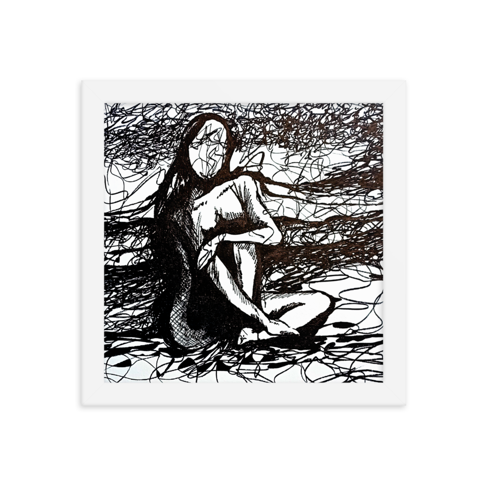 10x10 Framed print of a drawing of an expressive nude figurative woman with her arm over her knee. Framed in white