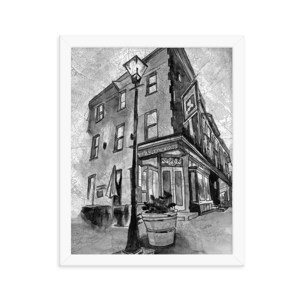 A 11" x 14" fine art print of original watercolor and Pen and Ink painting of Baltimore's "The Admiral's Cup" bar painted on a map  and framed in a simple white wooden frame