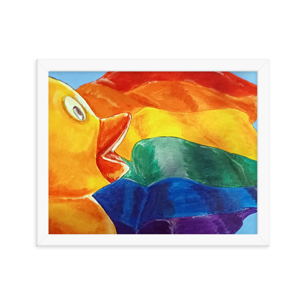 11x14 Framed print of painting of rubber duck profile in front of pride flag. Framed in white