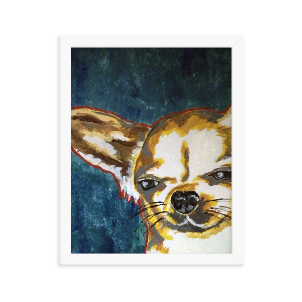 11x14 Framed print of a Chihuahua with blue green background. Framed in white