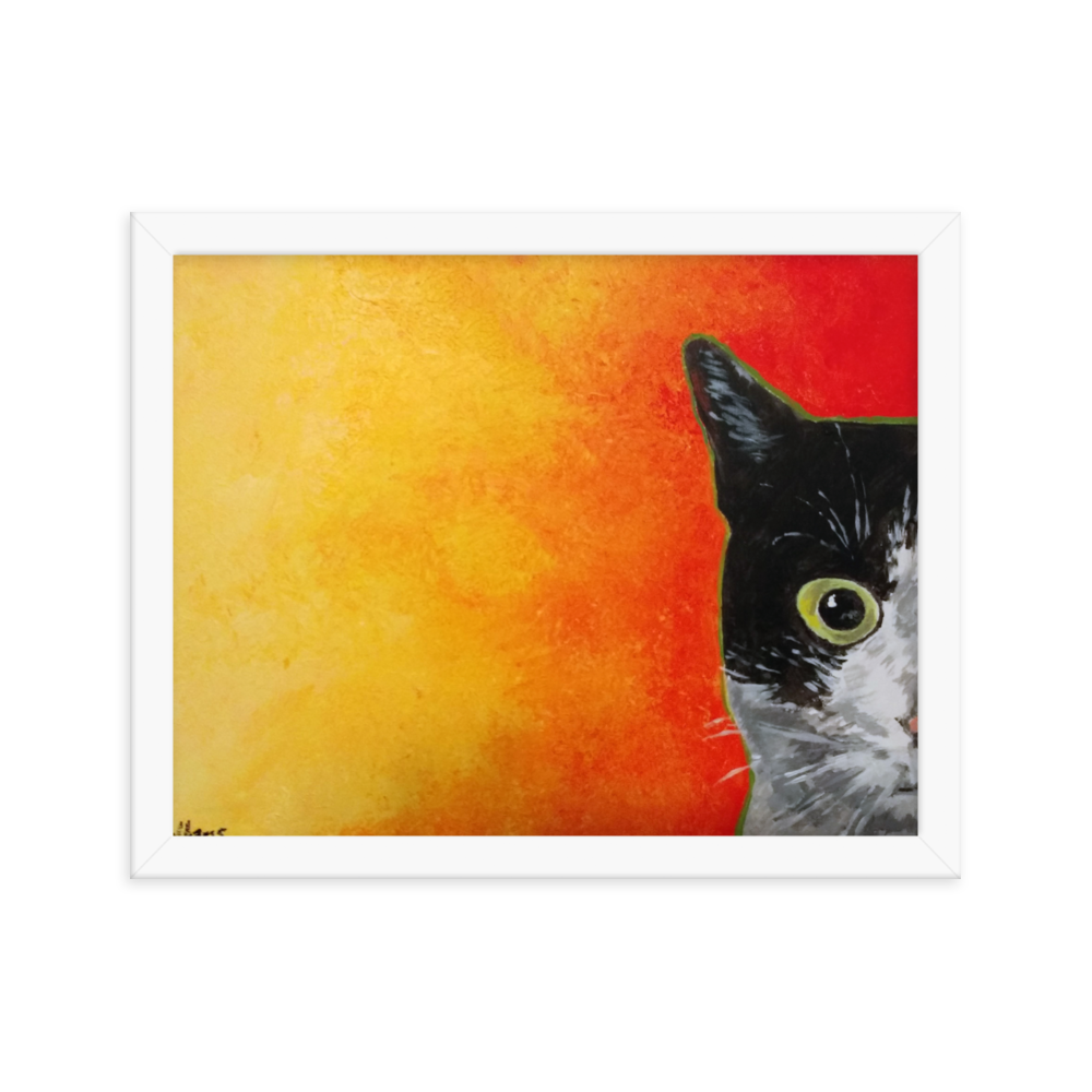 11x14 Framed print of a black and white cat with green eyes and a yellow to red faded background. Framed in white