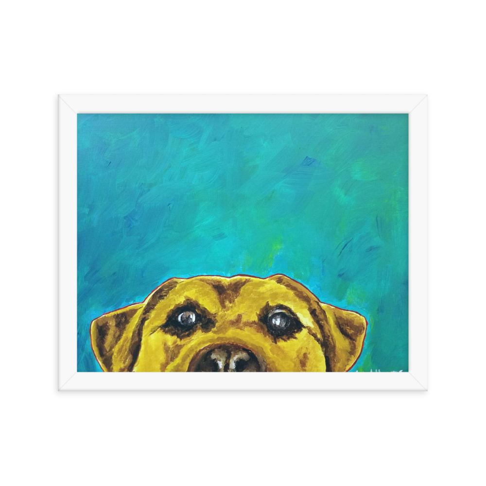 11x14 Framed print of a yellow lab with blue green background. Framed in white