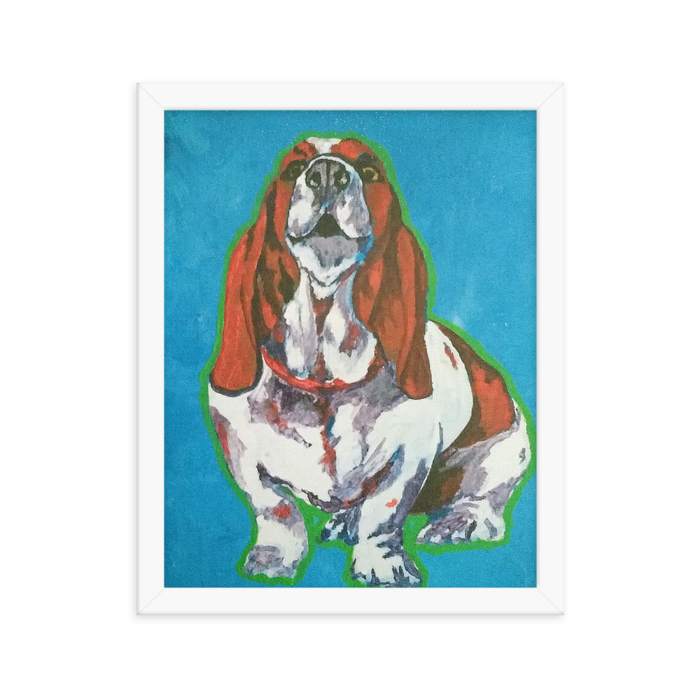 11x14 Framed print of a Basset Hound in front of a blue background. Framed in white