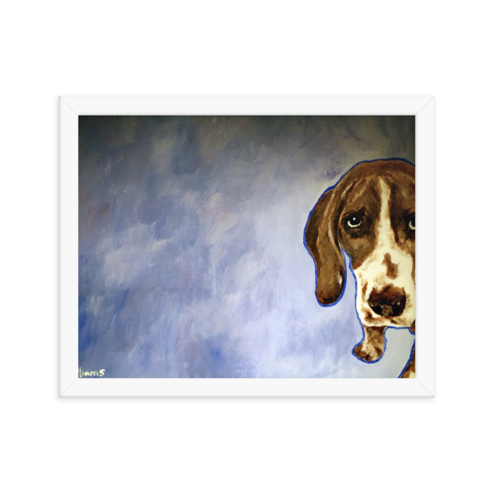 11x14 Framed print of a Hound dog in front of a blue background. Framed in white