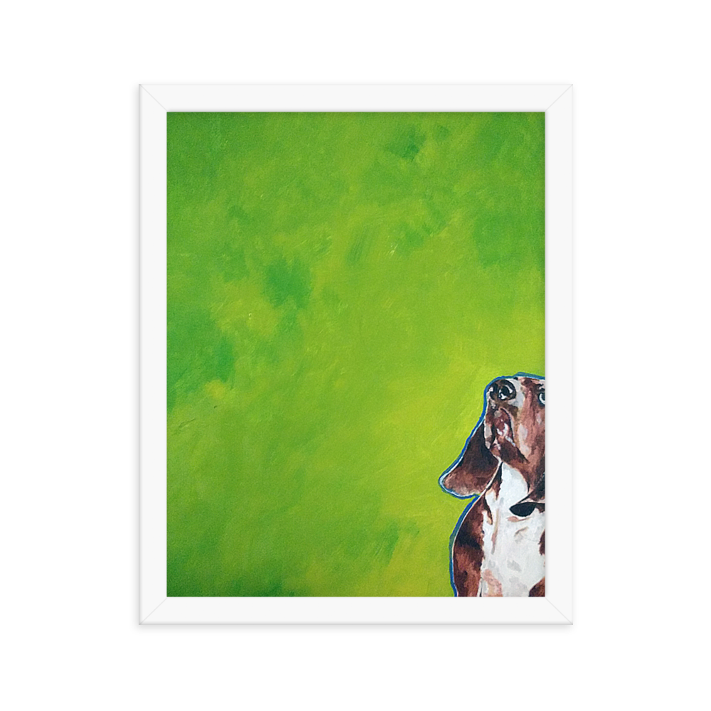 11x14 Framed print of a Basset hound painting with green background. Framed in white