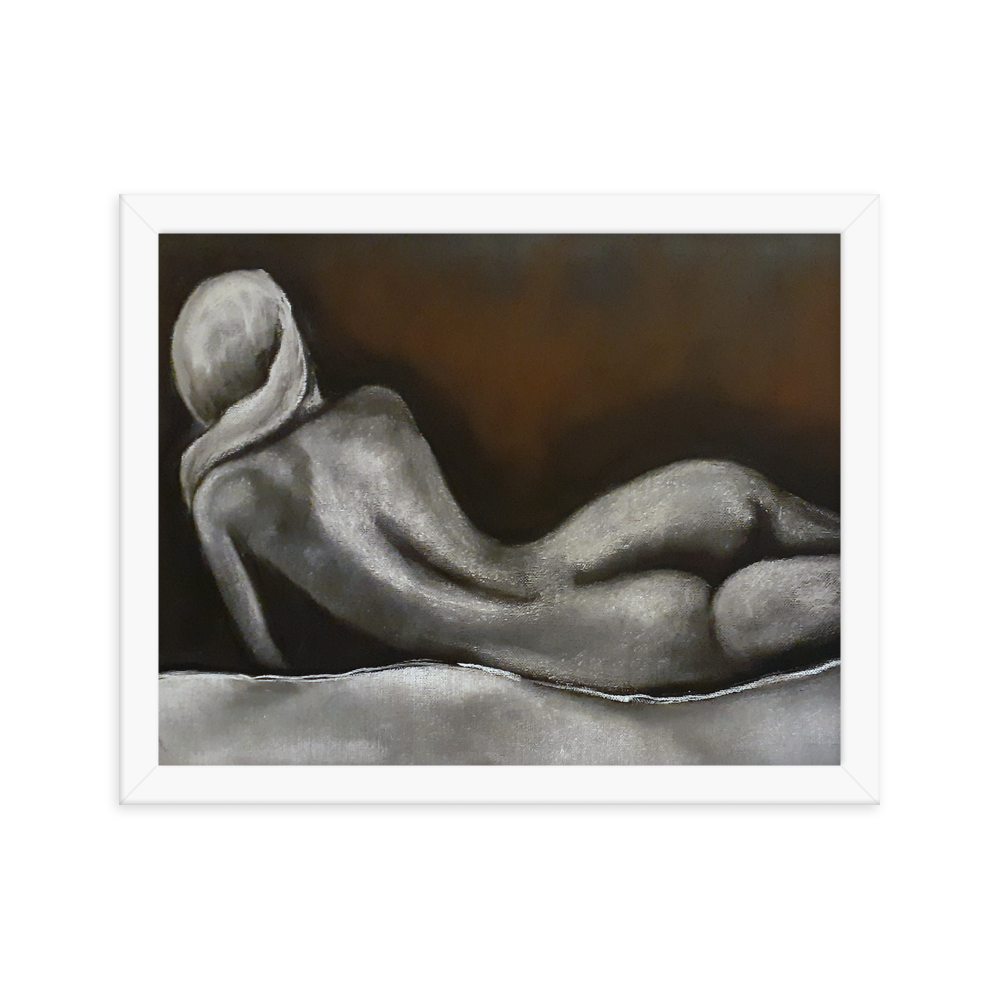 11x14 Framed print of a nude figurative painting of a woman on her side and facing away. Framed in white