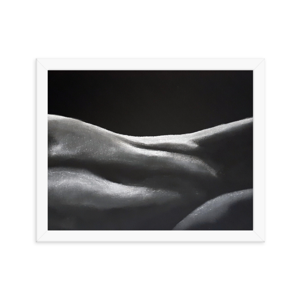 11x14 Framed print of a nude figurative painting of a woman's midsection. Framed in white