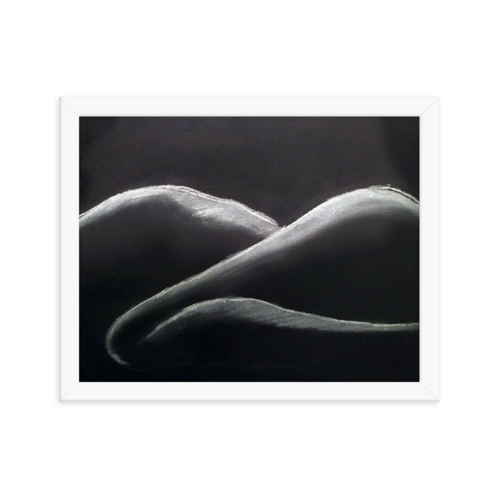 11x14 Framed print of a woman's figure in shadow, lying down. Framed in white