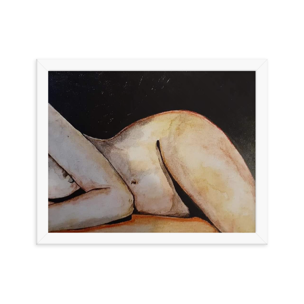 11x14 Framed print of a painting in color of a woman's nude figure lying on her side. Framed in white