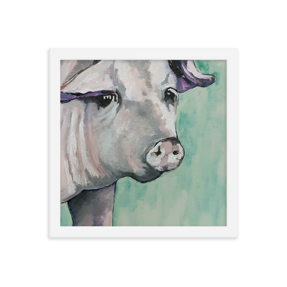 12x12 Framed print of a painting of a pig's face with a green background. Framed in white