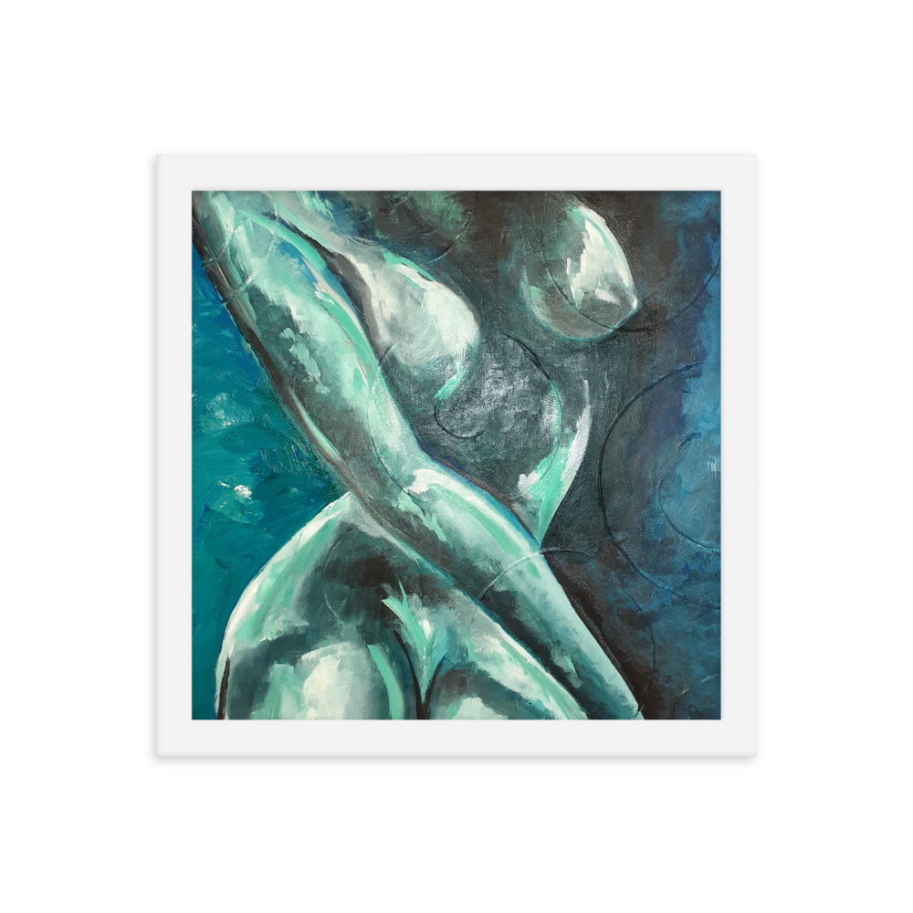 12x12 Framed print of a blue green nude figurative painting. Framed in white