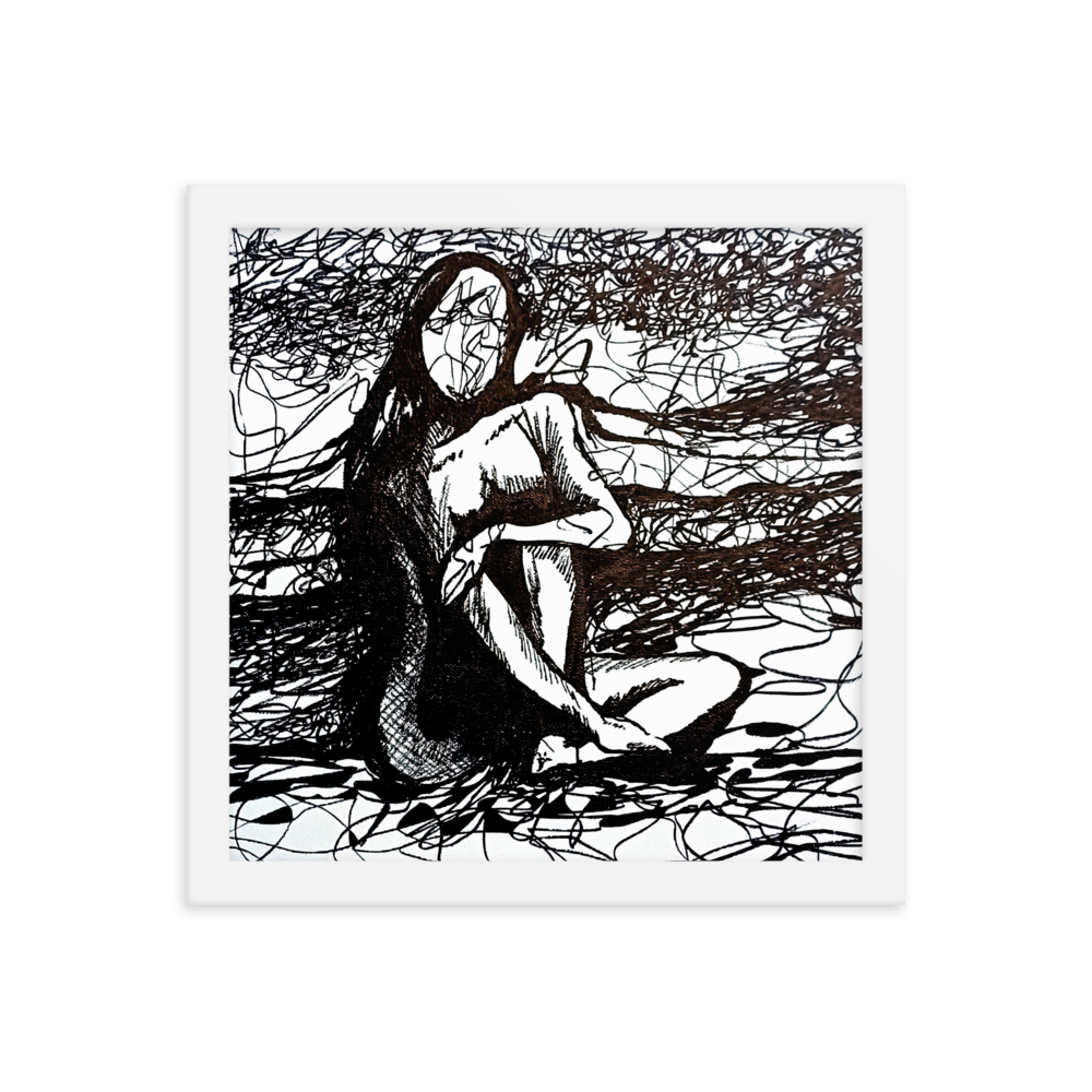 12x12 Framed print of a drawing of an expressive nude figurative woman with her arm over her knee. Framed in white