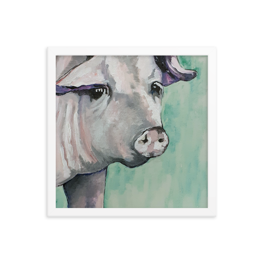 14x14 Framed print of a painting of a pig's face with a green background. Framed in white